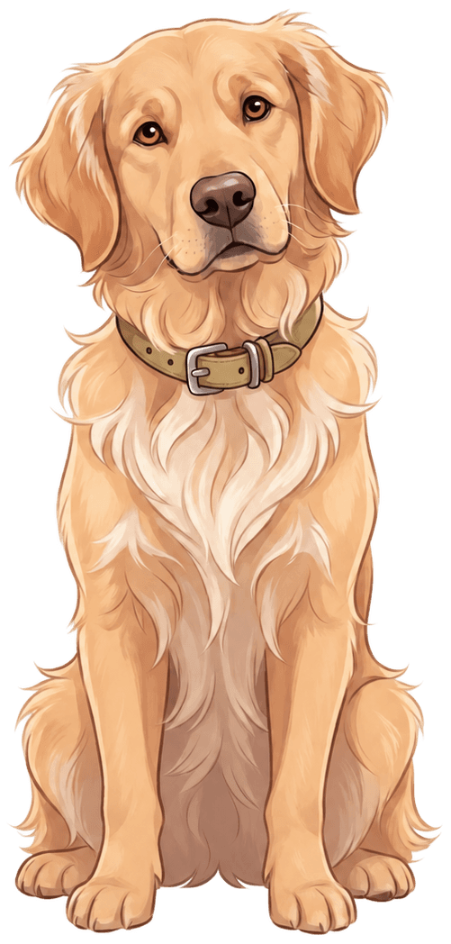 Illustrated golden retriever sitting and looking warmly at the viewer
